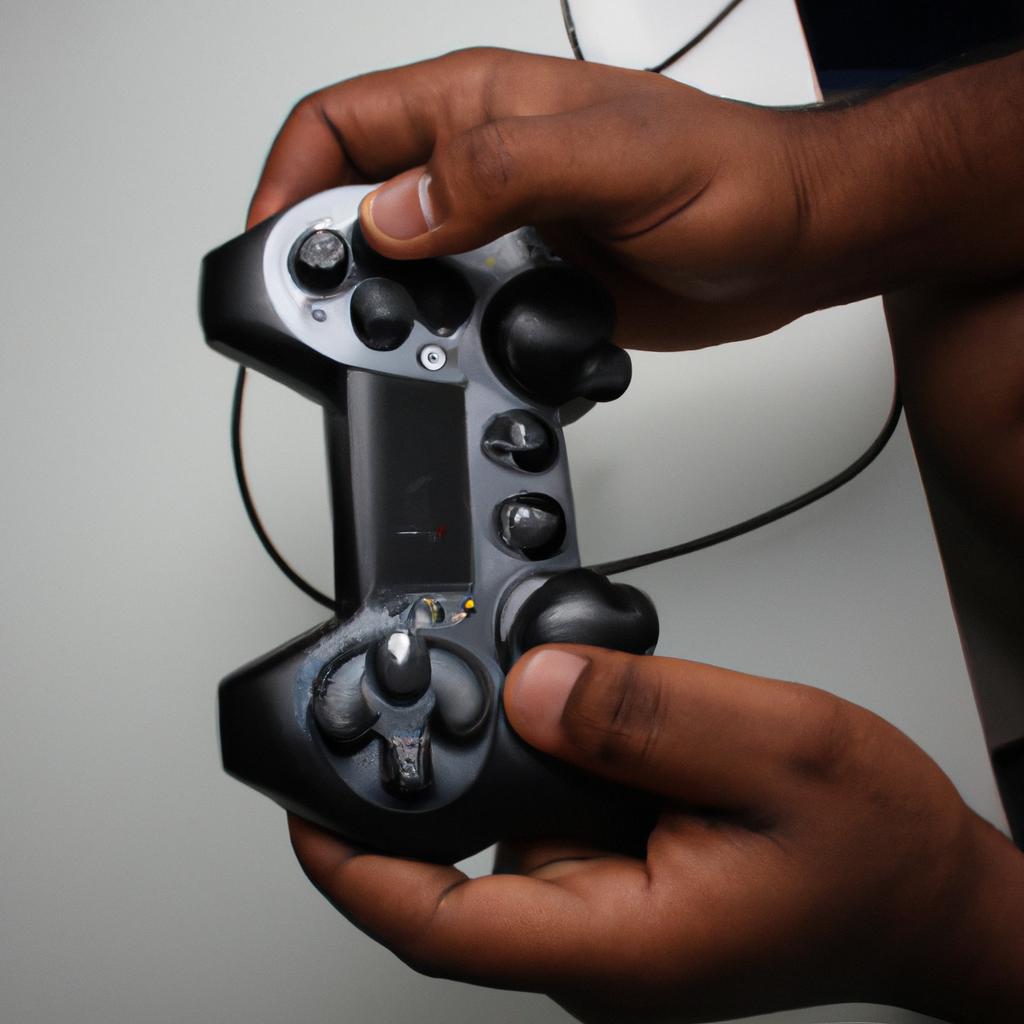 Person holding game controller, strategizing